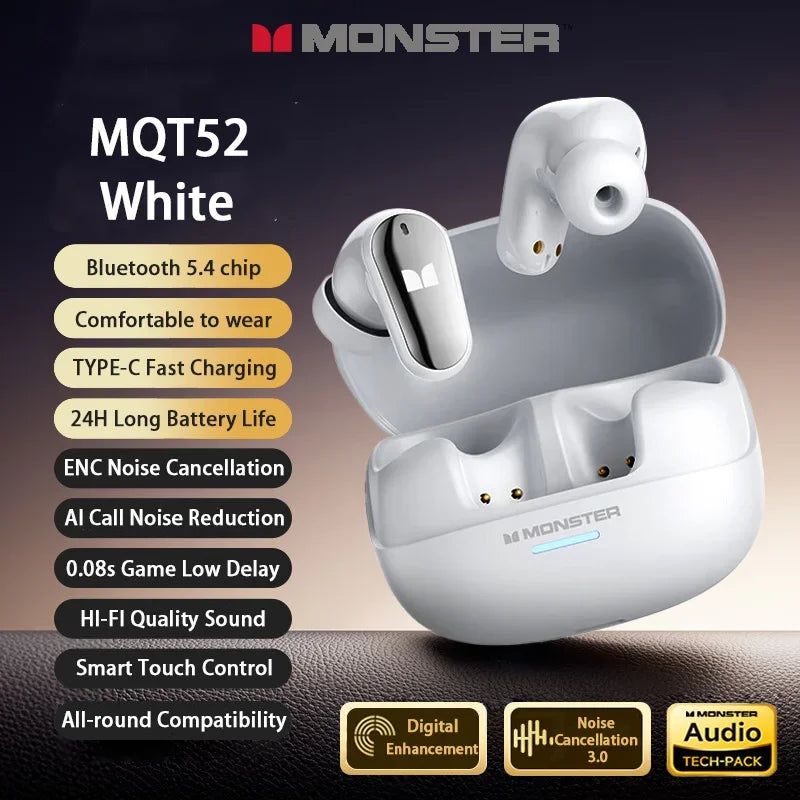 Monster MQT52 auriculares inalámbricos Bluetooth 5,4 batería de larga duración auriculares para juegos modo Dual auriculares de sonido estéreo HIFI con micrófono